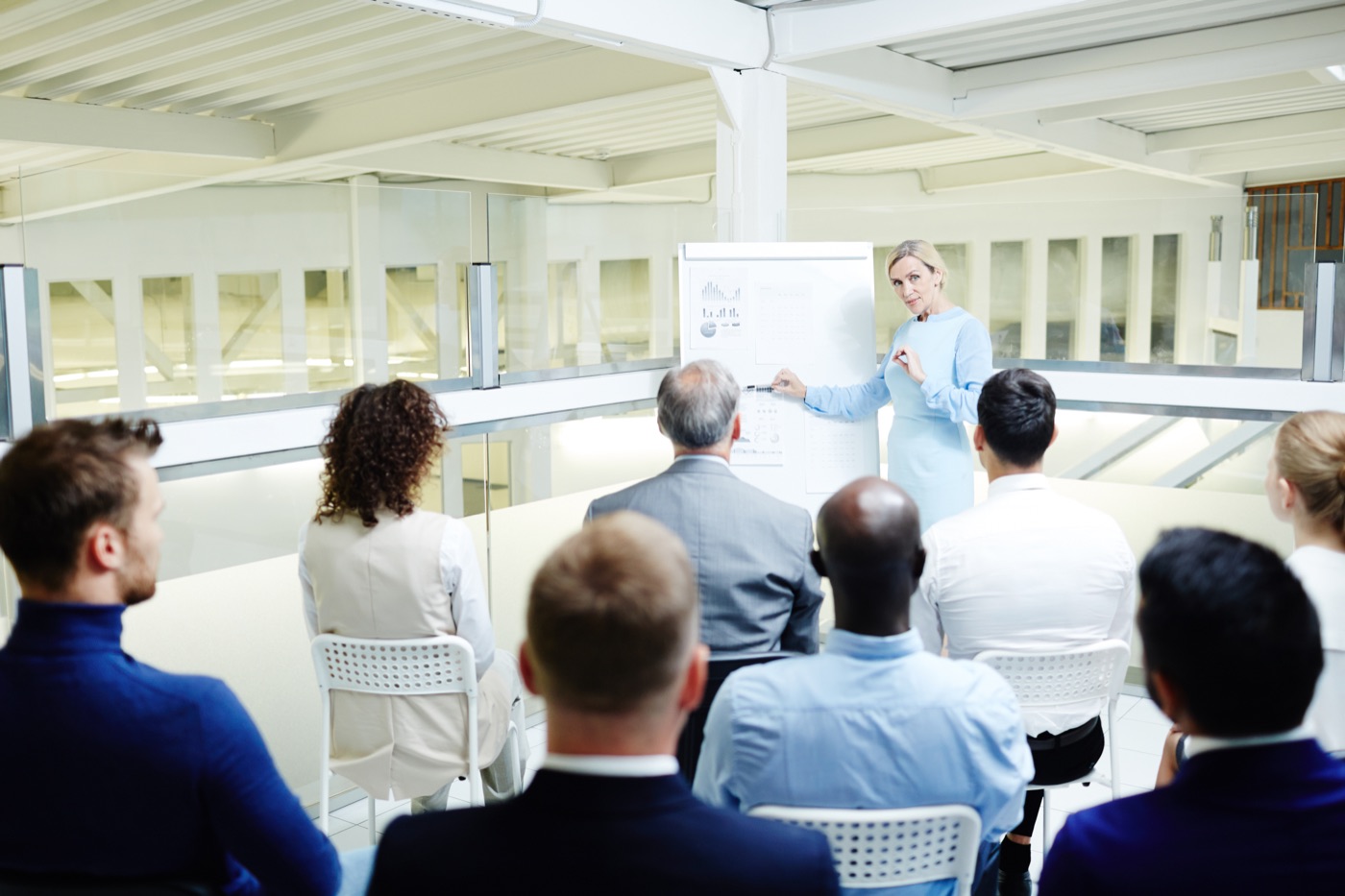 A presenter speaking to a seated audience
